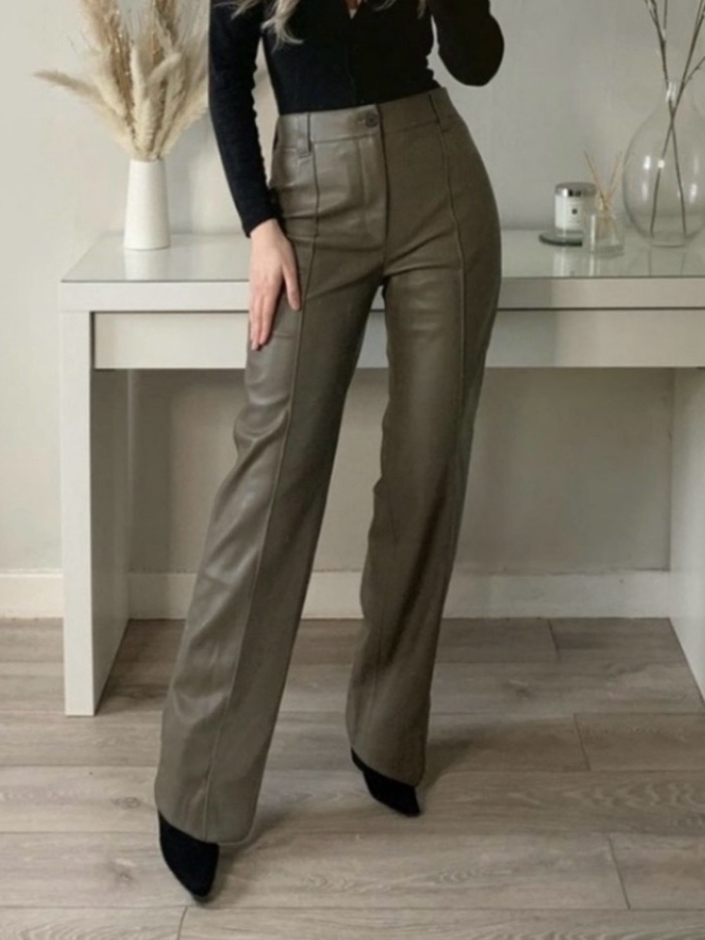 Zara Faux Leather Straight Wide Leg Full Length Pants